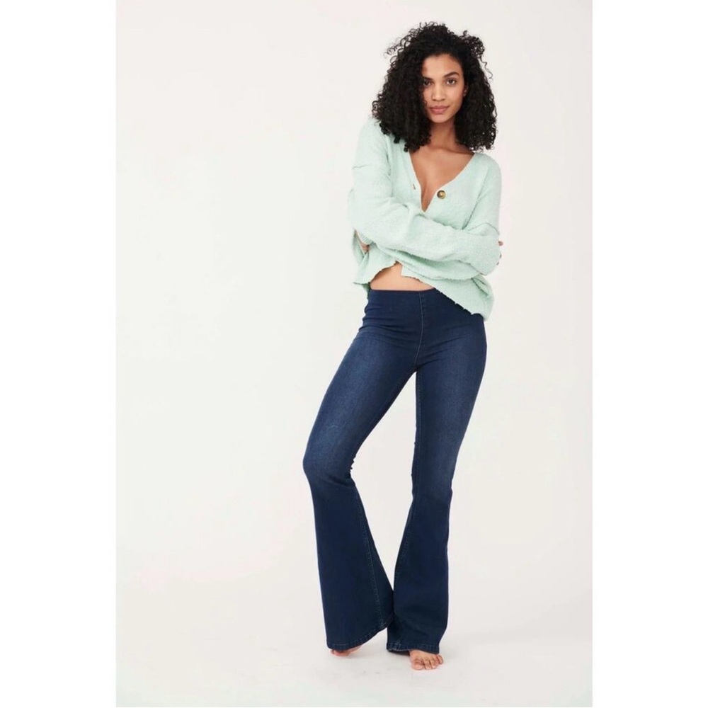 Free People Penny Pull-On Dark Blue Flare Jeans 26 Boho Festival Rodeo Western